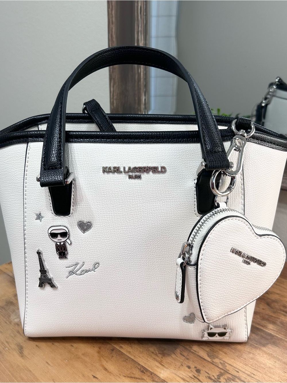 Karl Lagerfeld Paris Nouveau Small Satchel Tote Eiffel Tower Heart Pouch NWT